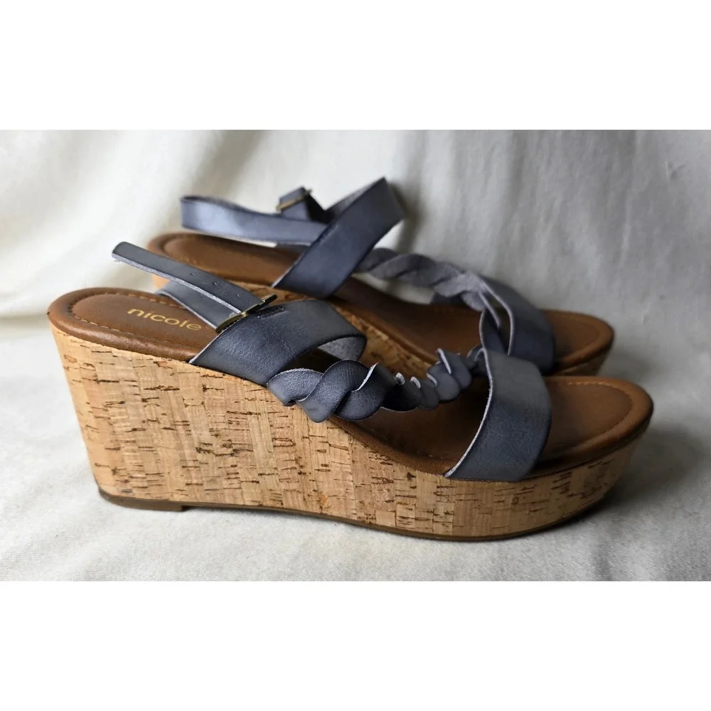 Nicole Debbie 9.5 Sandles Strappy Leather Blue Slate Wedge Platform‎ #2490